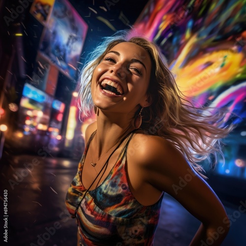 A woman laughing in the street at night. Generative AI.