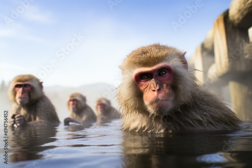 Japanese monkeys, snow monkeys, warm themselves in a hot spring in winter. Generative AI. photo