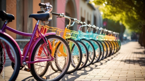 Colorful bicycles are lined up on a brick sidewalk. Generative AI.