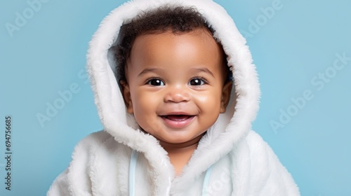 Joyful infant smiles in a studio, wearing a kid's bathrobe.