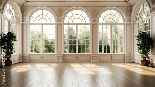 Spacious classic room with herringbone parquet flooring and large windows with plants © mashimara