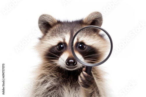 racoon hold magnify glass in white backgroud.AI generative
