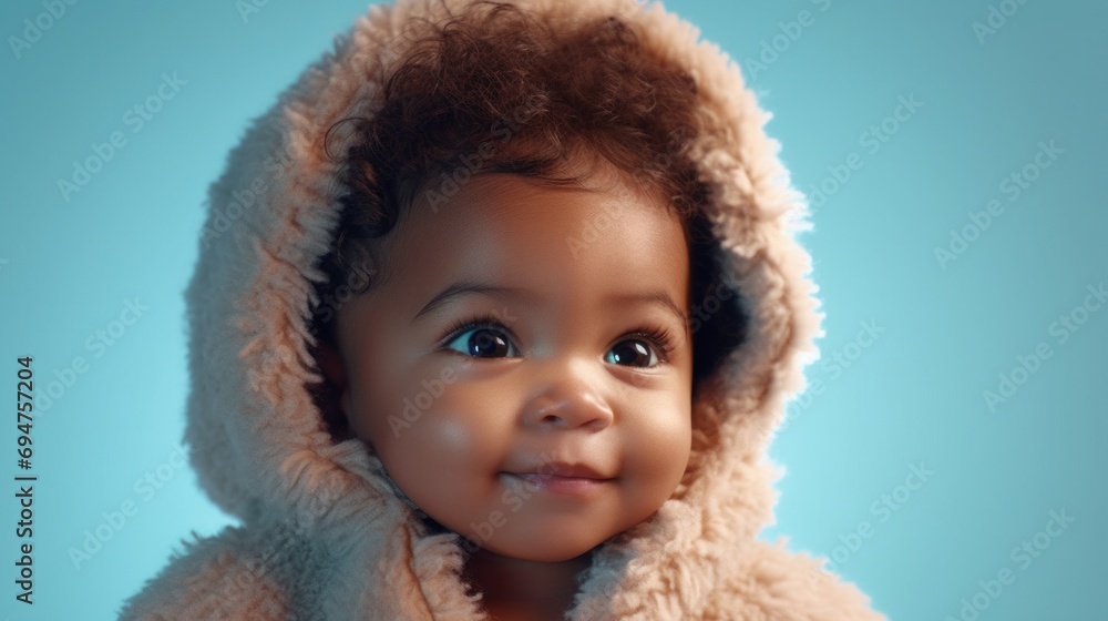 Happy baby in a studio with a clear pastel blue background. Happy baby in a studio with a clear pastel blue background.