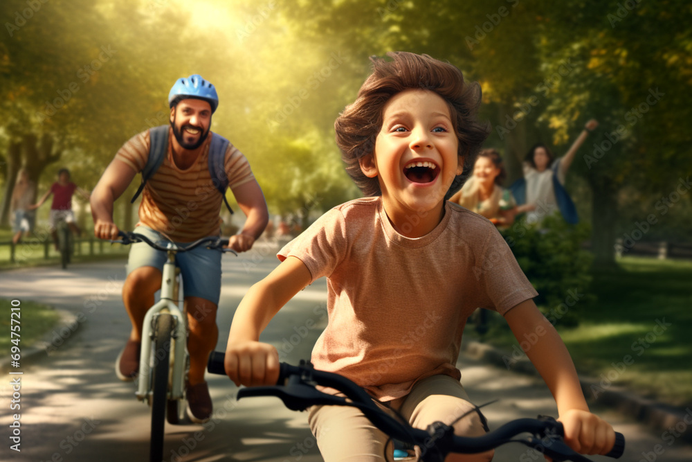 Joyful father and son happily cycling together in the park, capturing the importance of happy childhood and harmonious relationships. Generative AI