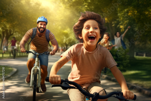 Joyful father and son happily cycling together in the park, capturing the importance of happy childhood and harmonious relationships. Generative AI