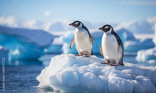 Two penguins stands on top of iceberg or ice floe in Antarctica