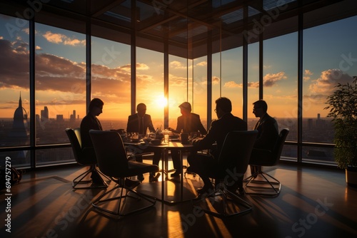 Silhouetted business team brainstorming in a sunlit boardroom, Generative AI photo