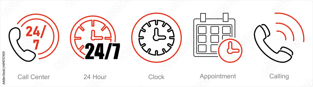 A set of 5 Contact icons as call center, 24 hour, clock A set of 5 Contact icons as call center, 24 hour, clock