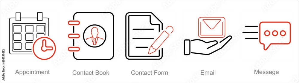 A set of 5 Contact icons as appointment, contact book, contact form A set of 5 Contact icons as appointment, contact book, contact form