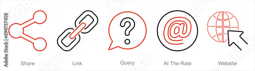 A set of 5 Contact icons as share, link, query, at the rate