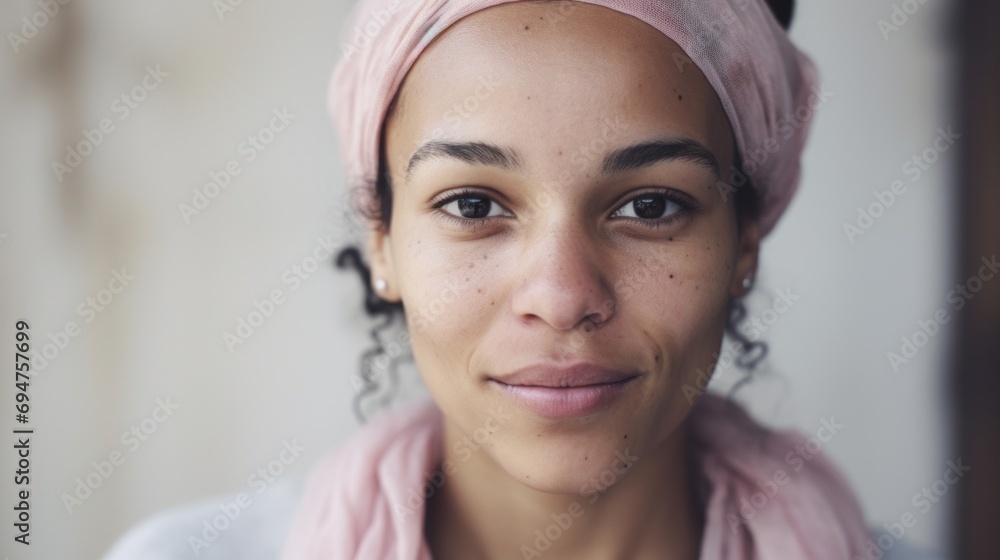 Closeup shot featuring a Moroccan woman with natural imperfections in her skin against a beige background. Closeup shot featuring a Moroccan woman with natural imperfections in her skin against a beige background.