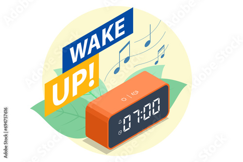 Isometric representation of an alarm clock waking up, with ringing watches accompanied by flashing lightning. Morning alert, time countdown, conveys a last chance sale or approaching deadline