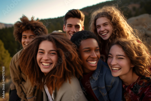 Outdoor bonding among a diverse group of friends in nature, embracing acceptance and inclusion, and enjoying travel, adventure, fashion, and a Gen Z lifestyle. Generative AI