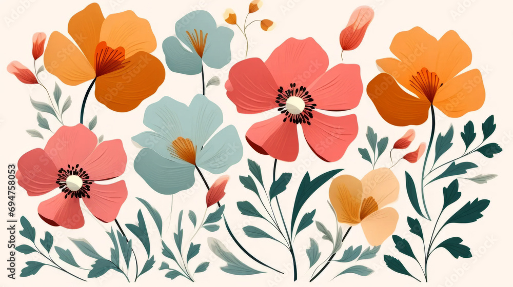 Illustration of flowers in pastel colors. Bright vibrant colors of floral background in minimal style. Illustration of flowers in pastel colors. Bright vibrant colors of floral background in minimal style.