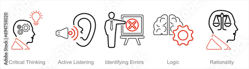 A set of 5 Critical Thinking icons as critical thinking, active listening, identifying errors photo