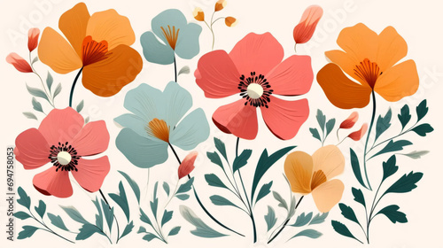 Illustration of flowers in pastel colors. Bright vibrant colors of floral background in minimal style.