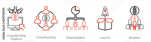 A set of 5 Crowdfunding icons as crowdfunding platform, crowdfunding, shareholders