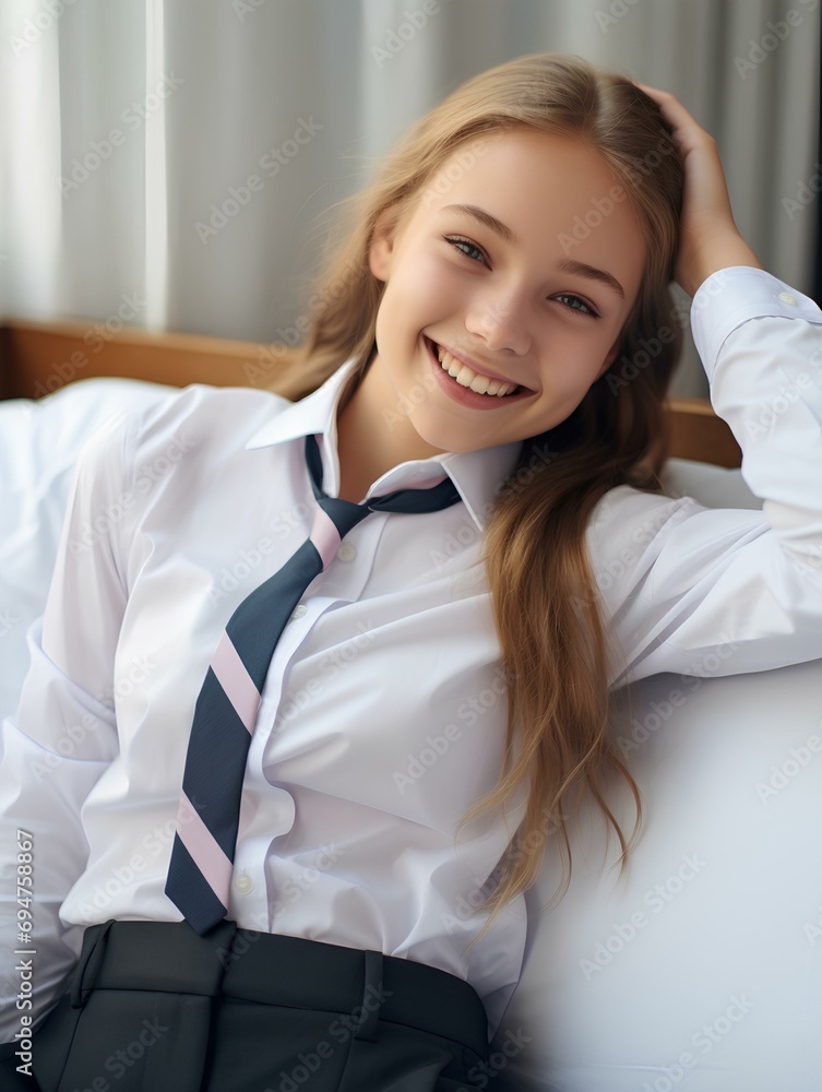 happy teenage girl in a school uniform relaxing on a bed at bedroom, smiling. generative AI happy teenage girl in a school uniform relaxing on a bed at bedroom, smiling. generative AI