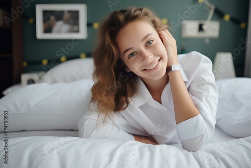 happy teenage girl in a school uniform relaxing on a bed at bedroom, smiling. generative AI