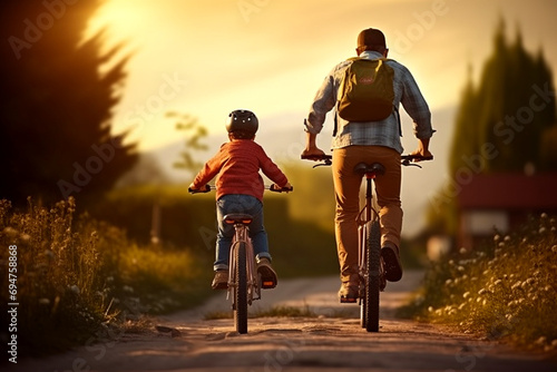There is a father and son riding bikes together down a path. Generative AI