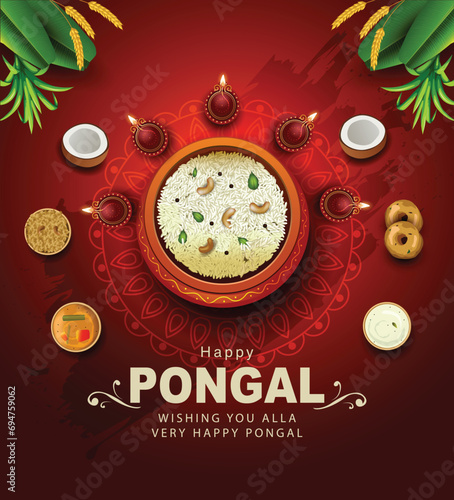 South Indian harvesting festival, Happy Pongal celebrations greetings with Pongal elements, banana leaf with pongal food. vector illustration design