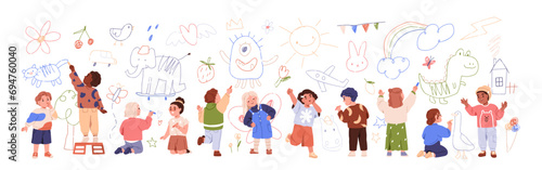 Children drawing on wall. Happy creative kids painting with colored crayon. Cute preschool boys and girls characters sketching with pencil, chalk. Flat vector illustration isolated on white background