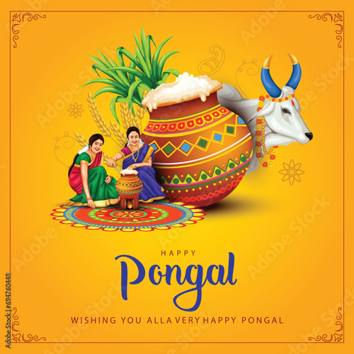 new illustration of Happy Pongal Holiday Harvest Festival of Tamil Nadu woman's making Pongal. vector background design photo