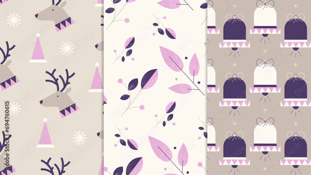 Retro Christmas Seamless Patterns. Set of seamless patterns or backgrounds in a minimalistic retro flat style with Christmas symbols and elements. Retro Christmas Seamless Patterns. Set of seamless patterns or backgrounds in a minimalistic retro flat style with Christmas symbols and elements.