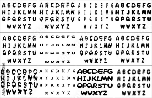 English alphabet. Collection of cartoon fonts. Black capital letters on a transparent background. Vector.