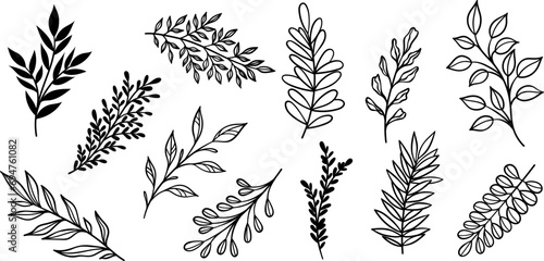 Leaf illustration set, line art leaves scattered vector doodle collection