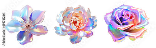 Set of holographic flowers on isolated background