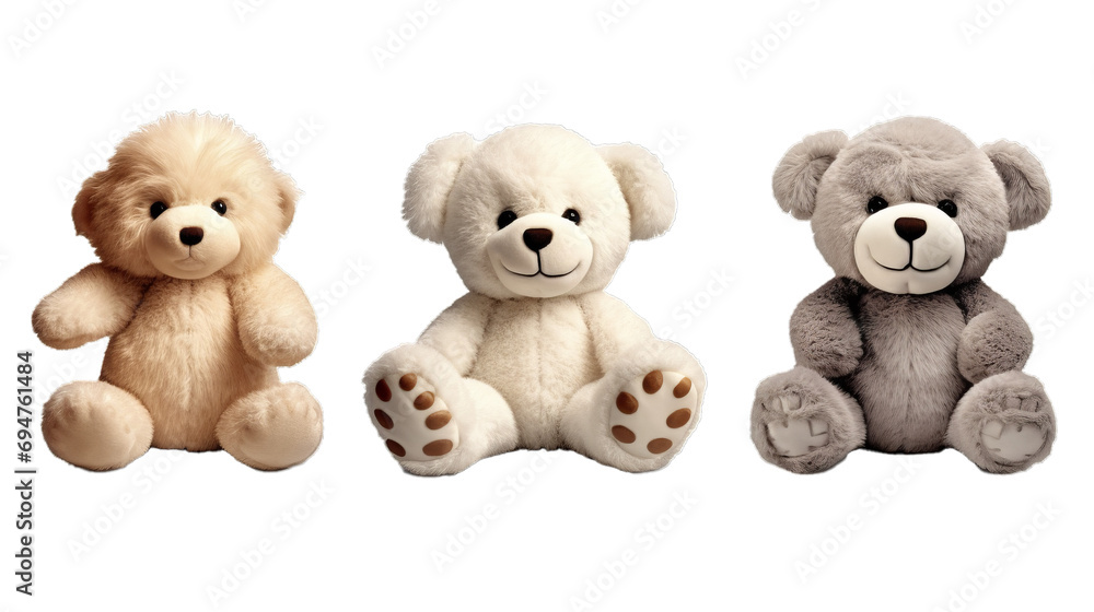 Cutout set of 3 stuffed toy teddy bear animals isolated on transparent png background Cutout set of 3 stuffed toy teddy bear animals isolated on transparent png background