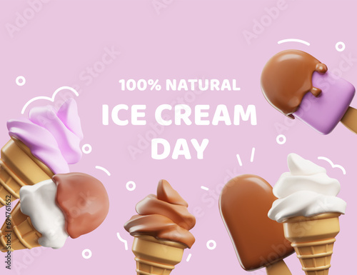 Design card with ice cream, 3d volume illustrations, vector objects