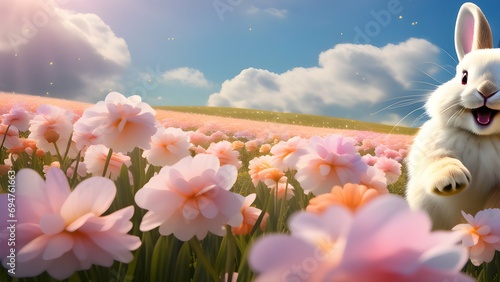 A joyful Easter bunny leaving paw prints in a field of pastel-colored flowers.