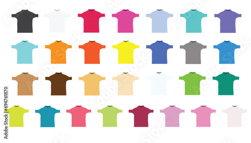 set of plain t-shirts in different colors isolated on white background