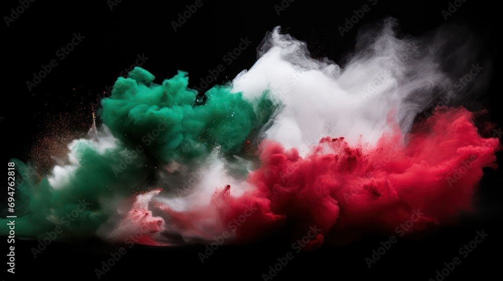 Red, green, and white colored powder explosion on a black background. Holi paint powder splash in colors of the Italy flag - obrazy, fototapety, plakaty 