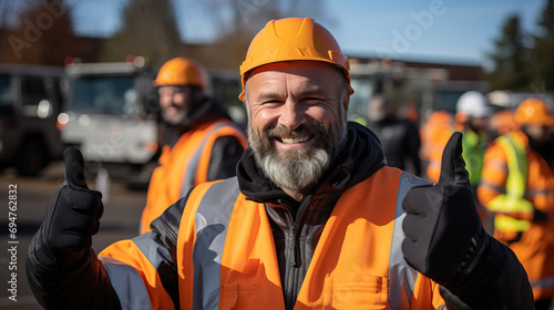 Smiling bearded construction worker giving thumbs up, wearing safety helmet and reflective vest, with team in background.