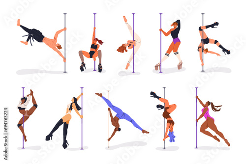 Pole dance poses  moves set. Sexy flexible women  men dancers during poledance  erotic and sport performance. Characters perform with bar. Flat graphic vector illustration isolated on white background