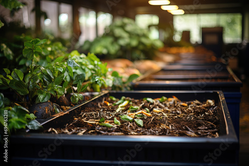 Close-up of an indoor composting bin with organic waste ready to decompose, set against blurred plants and warm lights. photo