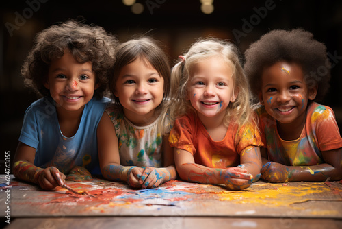 Four joyful children covered in colorful paint smiling at the camera  portraying happiness and creative play indoors.