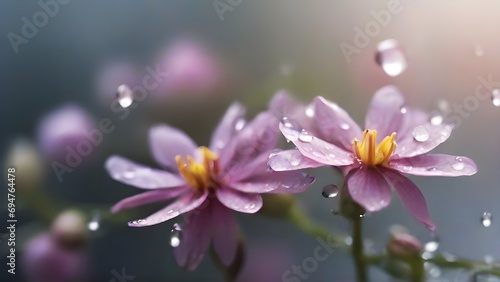Water droplets clinging to flower petals in the morning mist, highlighting the delicate balance and freshness of nature, background image, generative AI