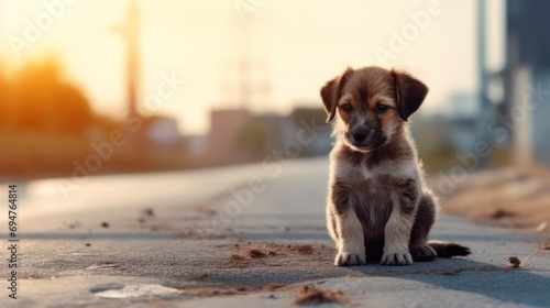 Poor homeless dog. Abandoned hungry puppy sad sitting alone on the road outdoors. Waiting to adopt