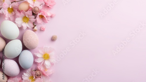 a top view flat lay easter background border with copy space in the middle  pastel pink table surface frame  colored eggs  flowers and spring decoration
