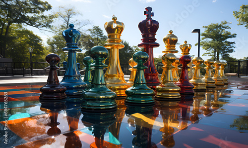 Life-size chess set, elements of chess pieces, big model, large in scale, photorealistic, AI-generated picture