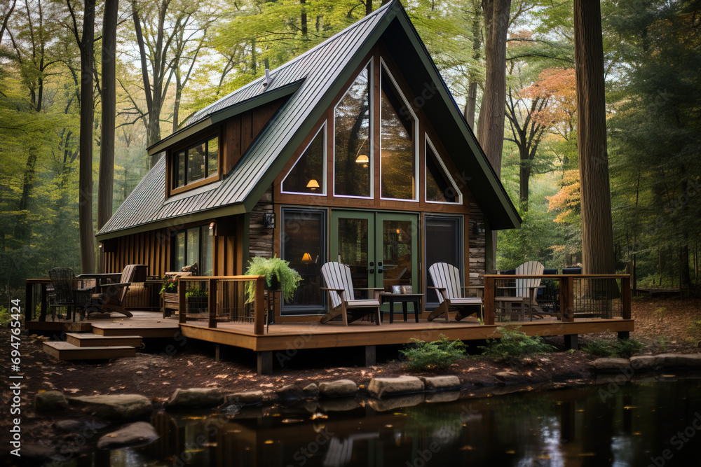 A serene autumn scene featuring a cozy A-frame cabin with large windows nestled in a lush forest, complete with a pond and a wooden deck. A serene autumn scene featuring a cozy A-frame cabin with large windows nestled in a lush forest, complete with a pond and a wooden deck.
