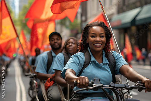 Vászonkép Energetic African American woman leads a line of pedal cabs down a bustling city street, radiating joy amidst vibrant flags