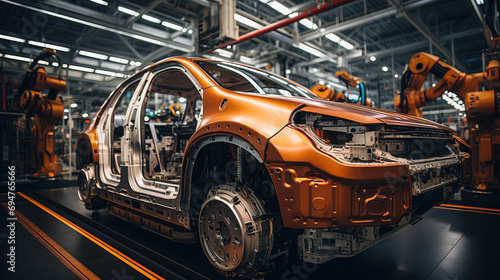 Robotic arms work on a car chassis at a modern automotive industry assembly line with precision and efficiency. © Pavel