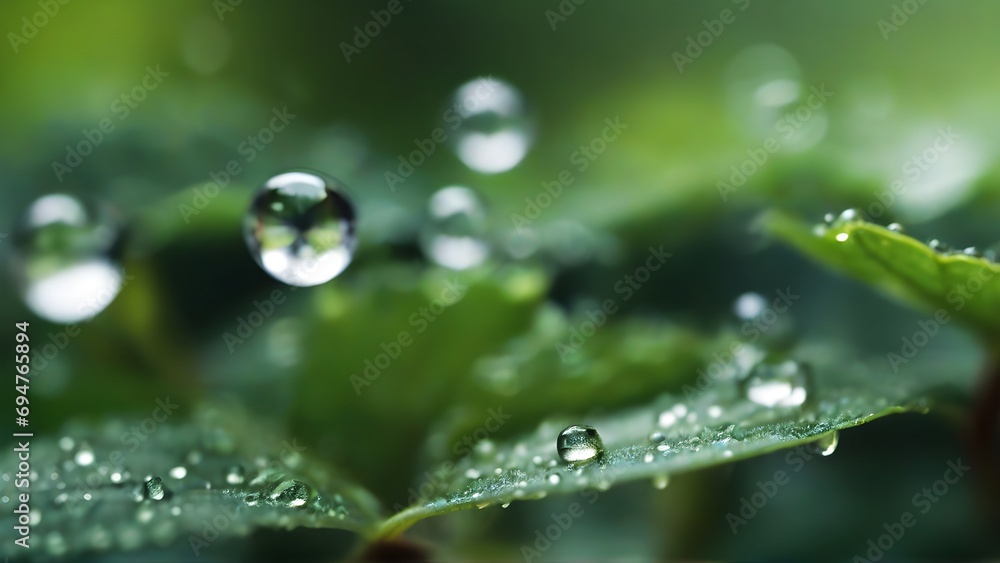 Close-up image capturing the miniature world of dewdrops on leaves, emphasizing the intricate patterns and reflections within each tiny droplet, background image, generative AI Close-up image capturing the miniature world of dewdrops on leaves, emphasizing the intricate patterns and reflections within each tiny droplet, background image, generative AI