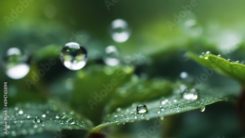 Close-up image capturing the miniature world of dewdrops on leaves, emphasizing the intricate patterns and reflections within each tiny droplet, background image, generative AI