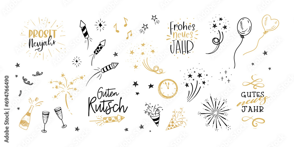 Fun hand drawn New Years Party doodles and german New Years Greetings - firework, paper streamers, cocktails and rockets , great for banners, wallpapers, textiles, wrapping - vector design - obrazy, fototapety, plakaty 